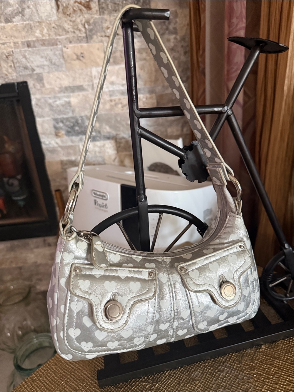 Metallic Silver Heart-Print Kids Shoulder Bag
